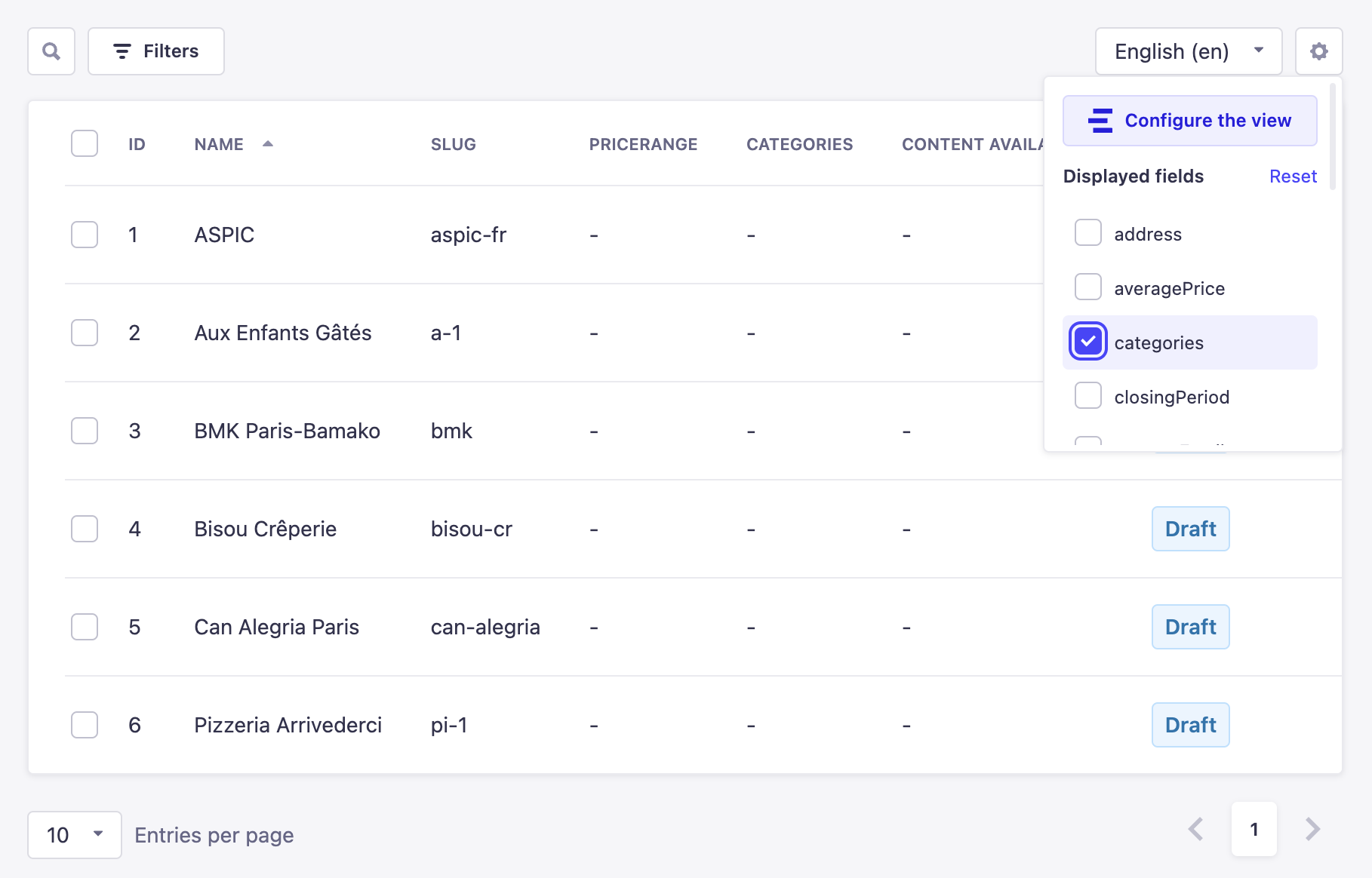 Displayed fields in the settings of a list view in the Content Manager